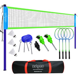 Набір для бадмінтону Zdgao для двору: портативна сітка з лебідкою, 4 алюмінієві ракетки, 3 волани, розмітка та сумка для перенесення (Синьо-Зелений)