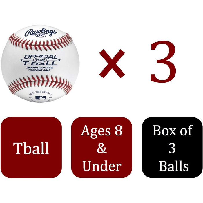 М'ячі для бейсболу Rawlings Youth T-Ball (3 шт) білі, офіційний розмір