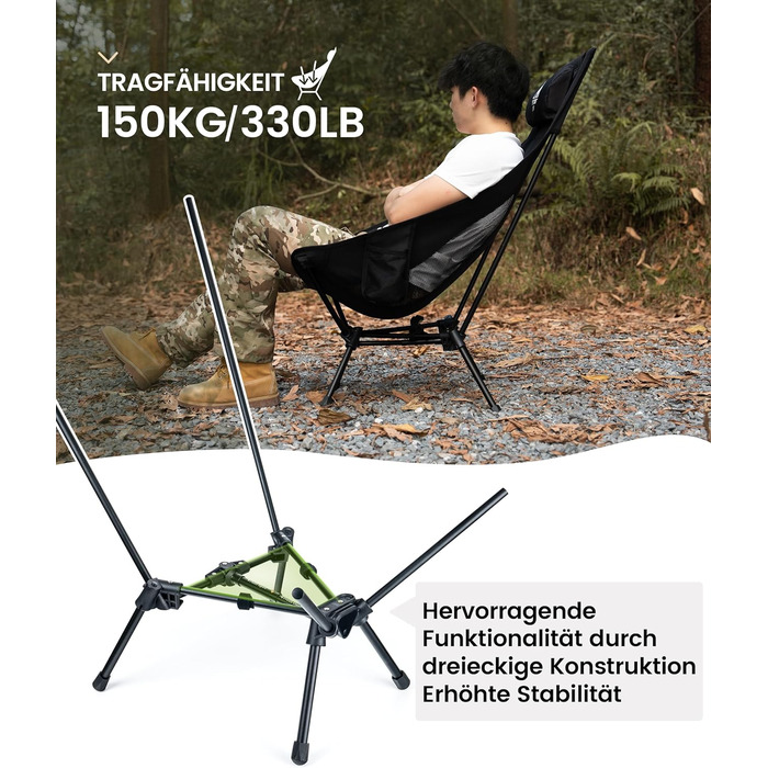OneTigris TIGERBLADE складаний туристичний стілець з високою спинкою, 170 кг, легкий, з трикутним каркасом, з 2 кишенями, для відпочинку на природі, риболовлі, пікніків (Чорний)