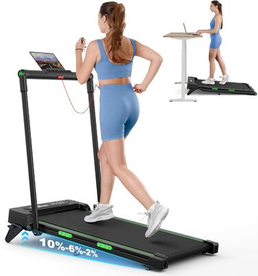 Біговий тренажер THERUN для дому, складний, з нахилом, 3 в 1 Walking Pad з 3 рівнями нахилу, 2.5PS, біговий стіл, подвійне покриття для захисту колін, темно-зелений (Турквіс)