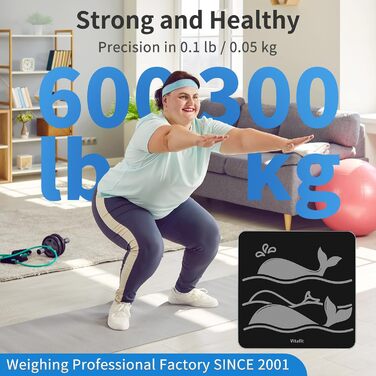 Ваги підлогові Vitafit для людей, до 300 кг, висока точність 0,05 кг, професійні, завод з 2001 року, вага для тіла з міцного 8 мм протиковзкого скла, LED-дисплей, 3*AAA, чорні
