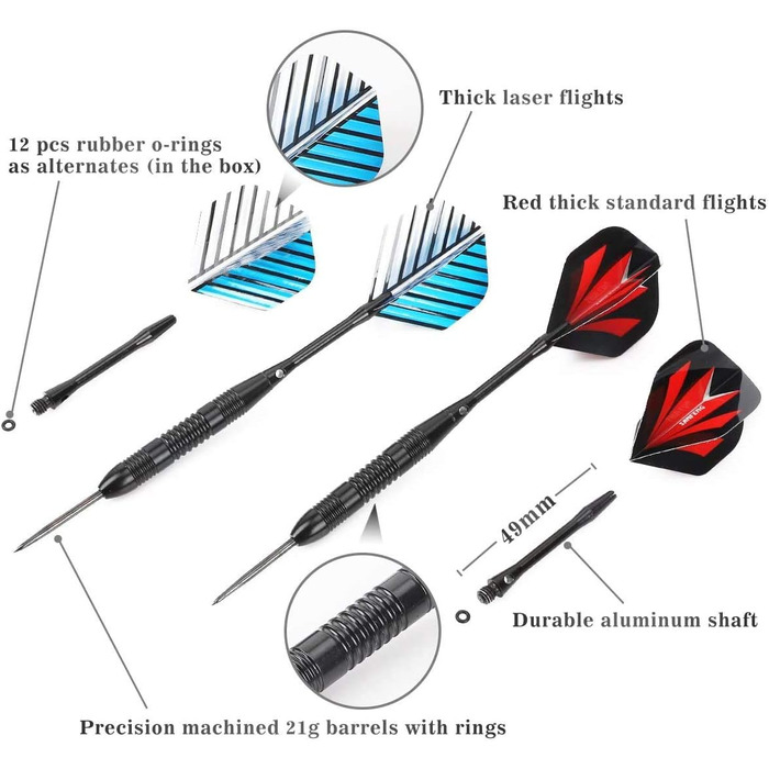 Сталеві дротики Steel Dartpfeile набір 6/12 шт. з металевими наконечниками, алюмінієвими стержнями, 18 пір'ями та гумовими кільцями - 22/23 г
