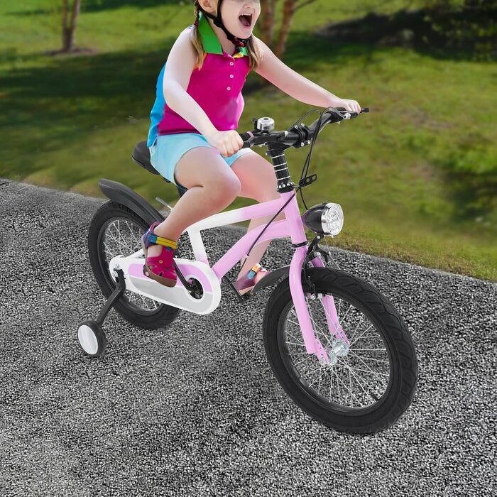 Дитячий велосипед 16 дюймів для хлопчиків та дівчаток, сталевий, 5-8 років, з бічними колесами та регулюванням висоти, рожевий + LED-ліхтар