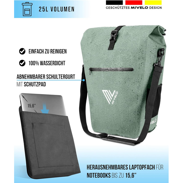 Велосумка MIVELO 2в1 для багажника, водонепроникна, без ПВХ, з відділенням для ноутбука, 25 л, м'ятна