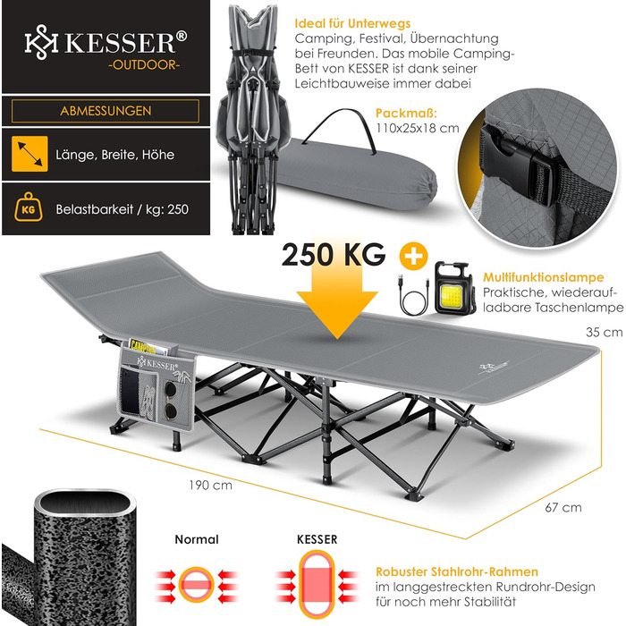 Кемпінгове ліжко KESSER® з сумкою, ліхтарем та кишенею. Стабільне розкладне ліжко для відпочинку на природі, 190 см, 250 кг, сіре.