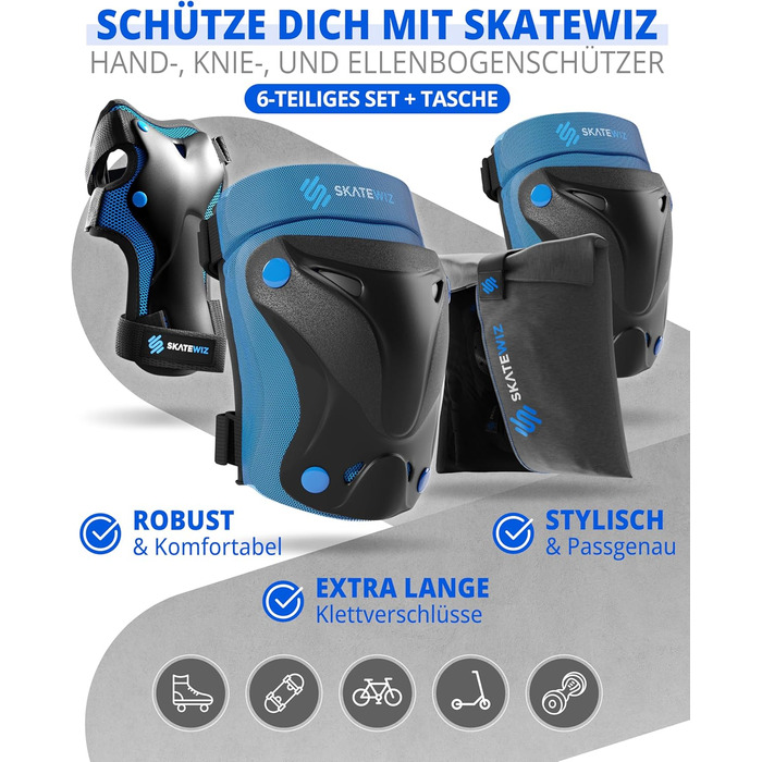 Набір захисту SKATEWIZ 6 шт. для дітей та дорослих: наколінники, налокітники, захист зап'ястя. З сумкою. Protect-1, колір блакитний, розмір XS.