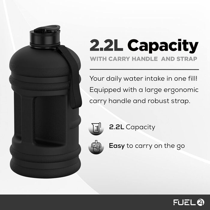 Спортивна пляшка для води Fuel24 на 2,2 л з кришкою Pop-up або трубочкою, велика ємність, без BPA, чорна