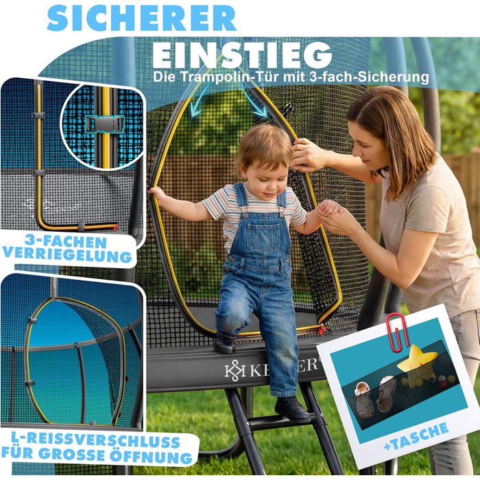 Батут KESSER® Outdoor Ø 244/305/366/427 см з сертифікатом GS, для дітей та дорослих (до 150 кг) з захисним сітком, сумкою, сходами, захисним бортиком та м'якими стійками сітки, антрацит