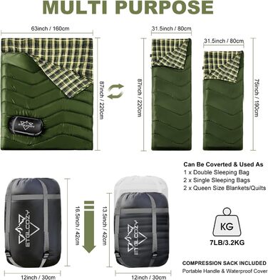 Спальний мішок для двох дорослих та дітей, XL Queen Size, для кемпінгу та походів, універсальний, легкий, водонепроникний, з компресійним мішком, чорний/зелений
