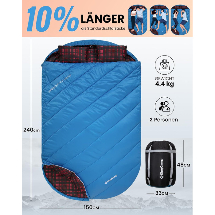 Спальний мішок KingCamp для 2 осіб з фланелі, зимовий, теплий, 3-4 сезони, з 2 подушками, для кемпінгу та відпочинку на природі (синьо-блакитний)