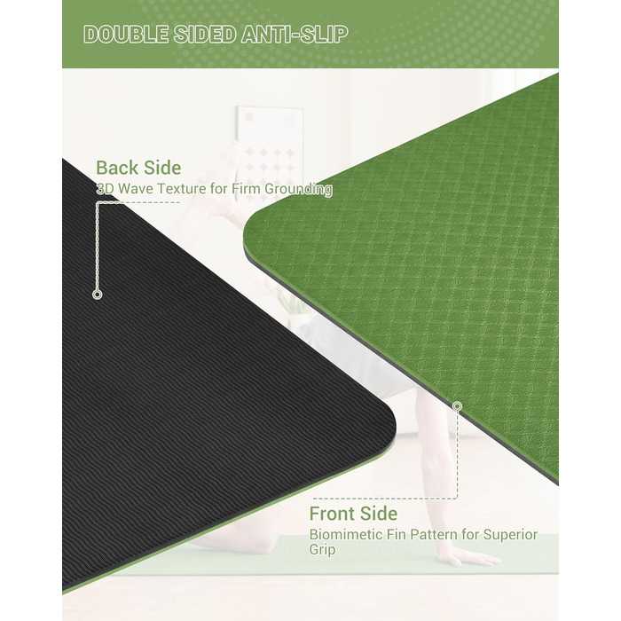 Килимок для гімнастики, йоги та фітнесу: тренувальний мат з неслизькою поверхнею 183 x 61 x 0.6 см (зелений/чорний)