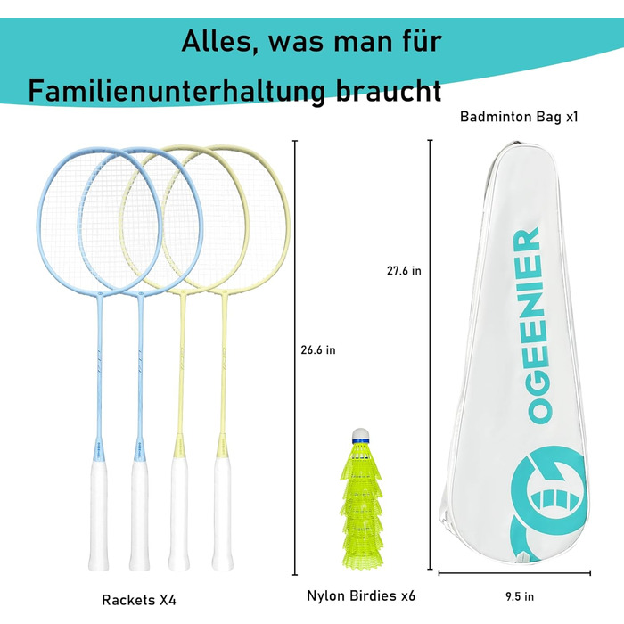 Набір для бадмінтону OGEENIER: 4 ракетки, 6 воланів, сумка, блакитний+жовтий, 3 1/4 дюйма
