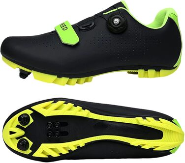 Велотуфлі для чоловіків та жінок, унісекс MTB, велотуфлі для гірського велосипеда, велотуфлі для велоспорту з 2 болтами та шипами, практичний поворотний ремінь, велосипедні туфлі для їзди (Чорний/Зелений, 43 EU)