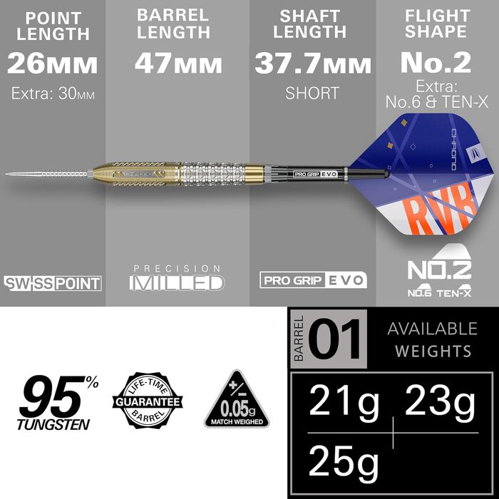 Дротики для дартсу Target Raymond Van Barneveld Chrono Swiss Point, 95% вольфраму, 21/23/25 г, кейс, запасні хвости та голки