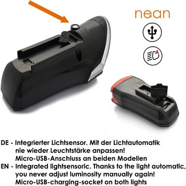 Фронтліхтар Nean CREE LED з акумулятором, світлодіодний велосипедний ліхтар з авторегулюванням та стоп-сигналом, 60 люкс, 6 cd, StVZO, велосипедна лампа, фара, задній ліхтар