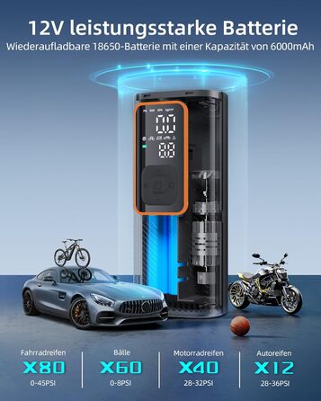 Електрична повітряна помпа 10.3 Bar з акумулятором, 6000mAh та 12V DC, для авто, мото, велосипеда, з LED-ліхтариком та автовимкненням (Оранжева, I7)