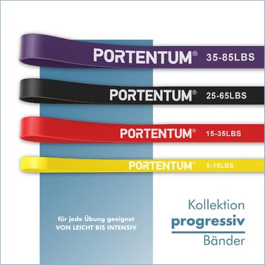 Набір еластичних стрічок PORTENTUM для фітнесу – стрічки опору з ручками, дверним анкером, чохлами та сумкою – обладнання для тренувань вдома, чоловіки, жінки – тренування м'язів, кросфіт, йога (4 рівні опору)