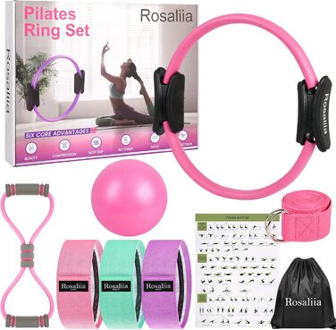 Набір для пілатесу: кільце, фітнес-гумка для стегон, стрічка для розтяжки, фітнес-постер (рожевий)