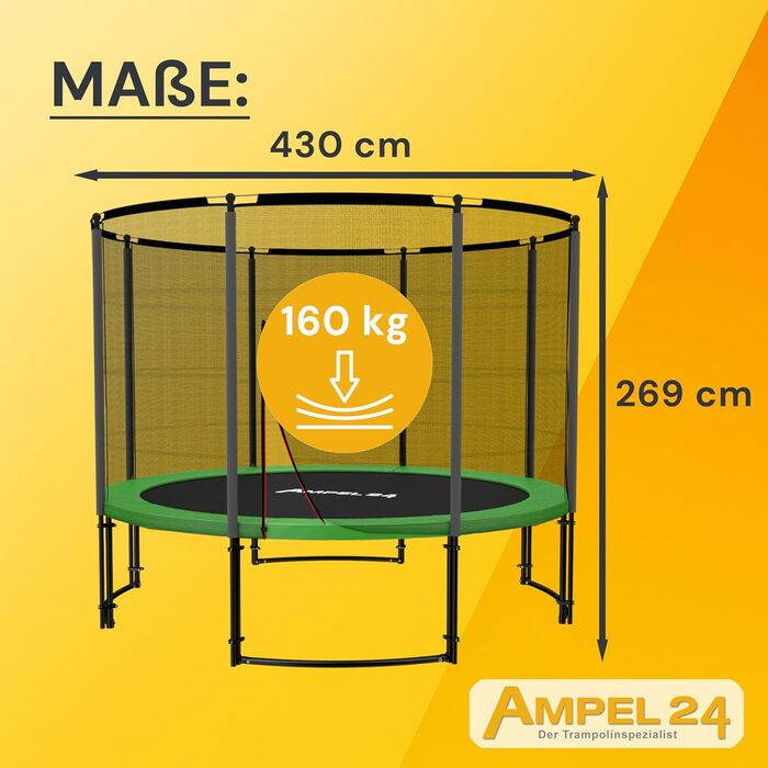 Трамплін Ampel 24 Outdoor Ø 305/366/430 см з сертифікатом GS, для дітей, повний комплект з захисним бордюром та сіткою, преміум-рама з чорним порошковим покриттям