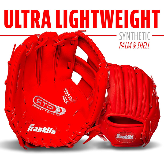 Рукавиця для бейсболу Franklin Sports RTP Kinder Teeball (ліва рука, червона) + М'яч - Дитячий набір для ті-болу для хлопчиків та дівчаток (24,1 см)