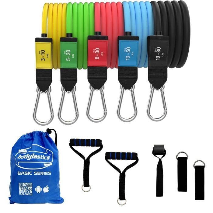 Bodylastics Basic Resistance Bands Set (5 гумок, ручки, ремені, анкер) - Еспандери для фітнесу 1.4-86.2 кг
