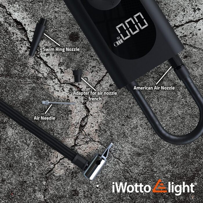 Портативний електричний компресор iWotto з LCD-дисплеєм, LED-ліхтарем, Powerbank для авто, мотоцикла, велосипеда і м'ячів
