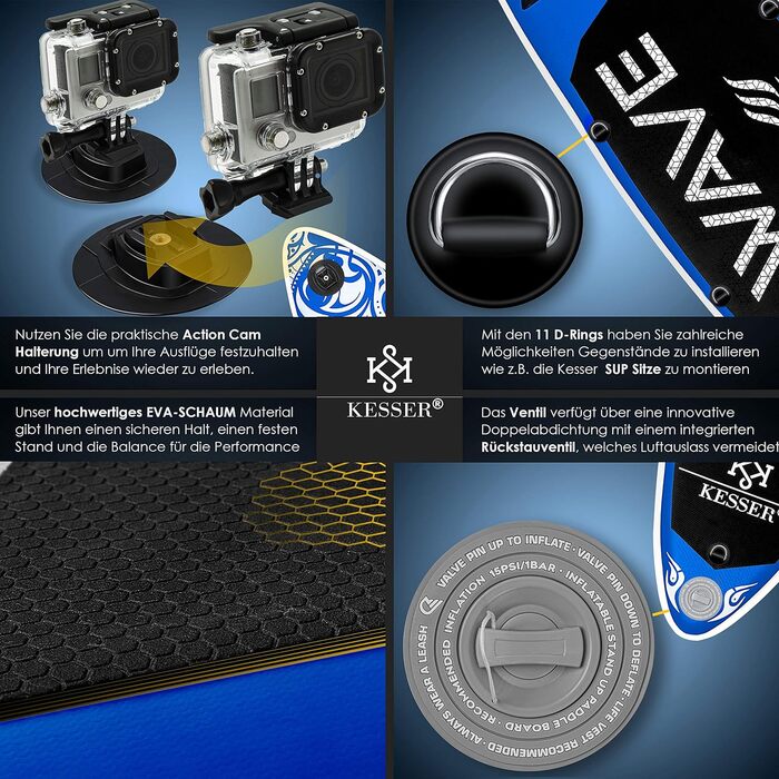 Надувна SUP-дошка KESSER® 6'' преміум для водного спорту, комплект аксесуарів, до 130 кг