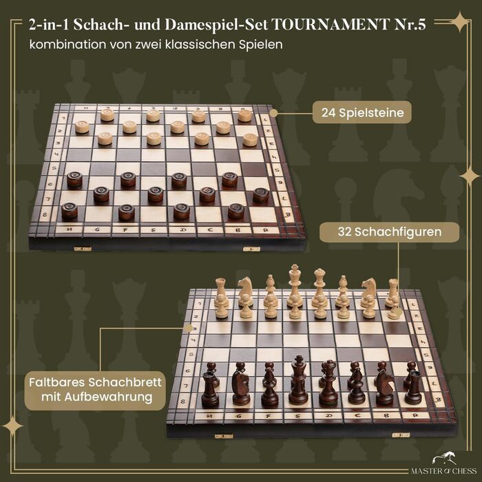 Професійний шаховий турнірний набір Master of Chess №5 з дерева, делюкс-шахи з великими металевими фігурами та шашками для дітей і дорослих