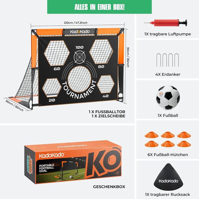 Дитячі футбольні ворота 120x90 см з сумкою для перенесення, для саду та вулиці, Pop-Up ворота з фібергласовими штангами (KD110SP)