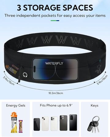 Поясна сумка WATERFLY для бігу та фітнесу: тримач для телефону на пояс для чоловіків та жінок, чорний
