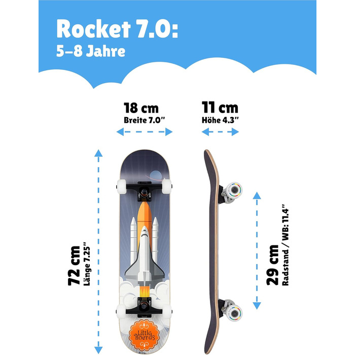 Скейтборд дитячий від 3 років Rocket – Комплект для початківців 3-11 років, 7-шаровий клен, ABEC 5, протиковзке покриття