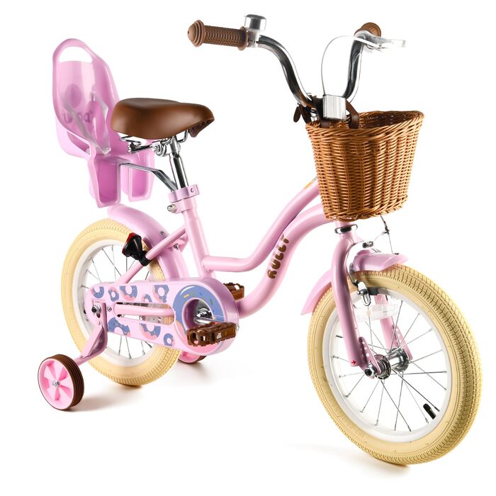 Дитяче велосипед RULLY для дівчаток 12 дюймів з додатковими колесами, кошиком та сидінням для ляльки, регульоване сидіння, 2-7 років, рожевий/фіолетовий/блакитний