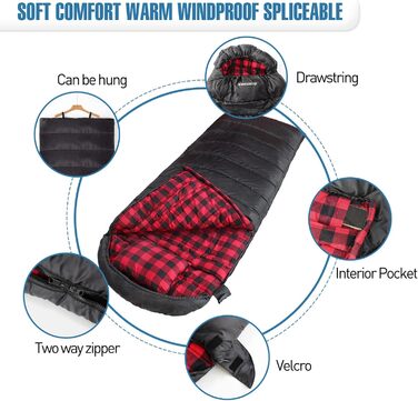 Спальний мішок Outdoor Flanell Warmer для туризму та кемпінгу. Бавовняне внутрішнє покриття, теплий, для 3-4 сезонів, XXL, -1°C, 230x90 см, чорний, на блискавці