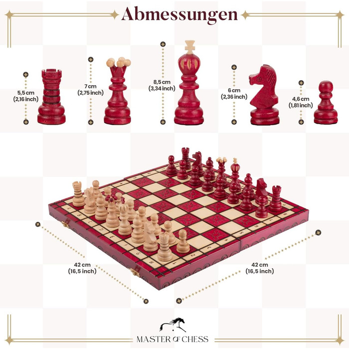 Шаховий набір Intarsien Pearl XL з вишневого дерева | Master of Chess | Класичний шаховий набір 42 см для дітей та дорослих | Шахове поле з фігурами (Червоний XL)