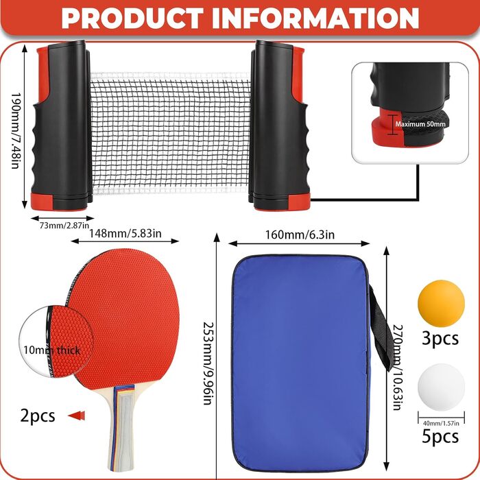 Набір для пінг-понгу CHRI: 2 ракетки, сітка, 6 м'ячів, сумка. Підходить для дітей та дорослих