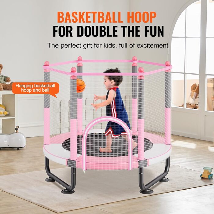 Батут дитячий VEVOR Outdoor 1545 мм з сіткою та баскетбольним кільцем, рожевий. Для дітей від 3 років.