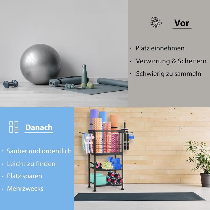 Стійка для гантелей та йога-матів LIANTRAL з колесами та гачками, чорна. Багатофункціональна стійка для зберігання спортивного обладнання для дому