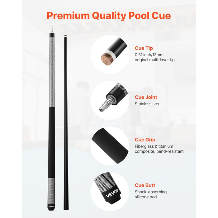 VEVOR: Більярдний кий VEVOR, 147.3 см, з багатошаровою кінцівкою та ABS-кільцем, для професійного столу, бару, дому, офісу, з фібергласу