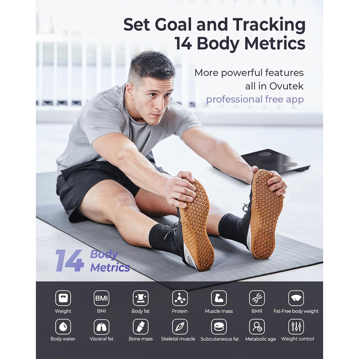 Ваги Ovutek для людей, цифрові ваги з аналізом складу тіла, 180 кг, дисплей, BMI, жир, м'язи, вода, 14 показників, фітнес-додаток, чорний