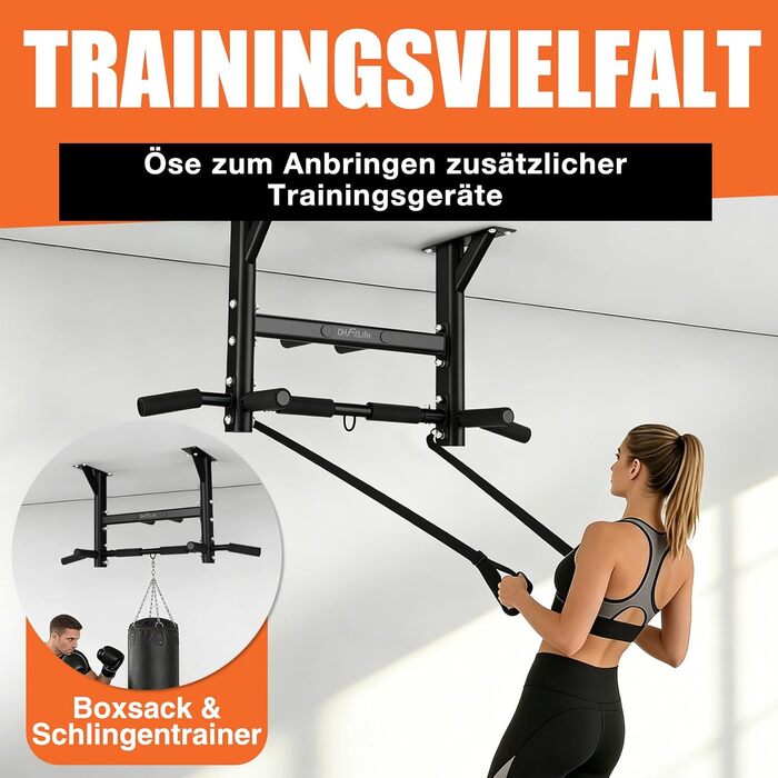 Багатофункціональний турнік для стелі DH FitLife 4в1 до 300кг, підтягувальний брус з 8 антиковзаючими ручками та кріпленнями для боксерської груші та петель