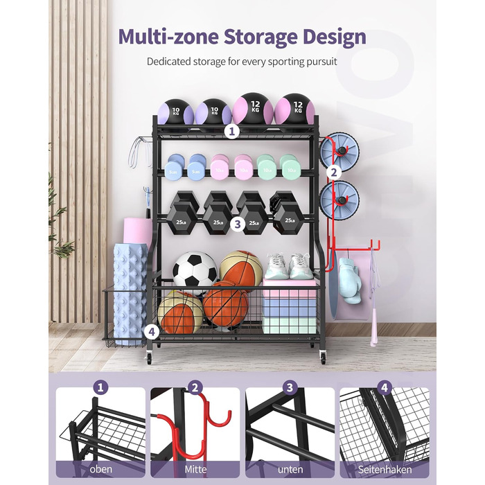 Стійка для гантелей та йога-матів ZACHVO – 160 кг, з 4 роликами та 8 гачками