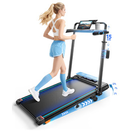 Складний біговий тренажер 6-в-1 для дому з регульованою швидкістю до 12 км/год, нахилом до 12% та столом, RGB-підсвічуванням, телескопічним підйомником 15 см, максимальне навантаження 150 кг, чорно-синій