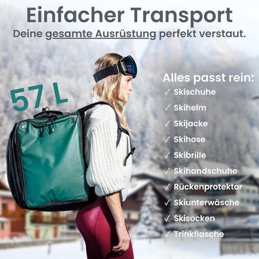 Чохол для лижних черевиків Otaro з відділенням для шолома | Сумка для лиж, шолома та аксесуарів | Водонепроникна, міцна, об'єм 57L, колір зелений