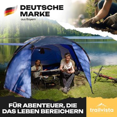 Намет Trailvista® Cevedale Zelt для 4 осіб: водонепроникний, легкий, швидко встановлюється, з тамбуром. Сімейний тунельний намет для кемпінгу, блакитний