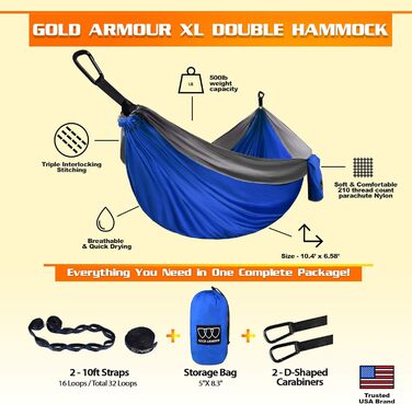 Гамак подвійний Gold Armour XL для кемпінгу з ременями - вуличний та домашній, США