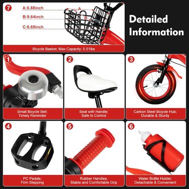 Дитячий велосипед 12 дюймів для дівчаток та підлітків, 3-6 років, з кошиком, червоний