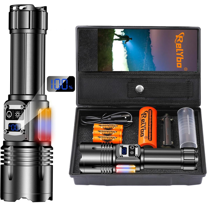 Тактична ліхтарик Relybo: перезарядна, 1000000 люмен, 9 режимів, COB бічне світло, USB-C, для кемпінгу та надзвичайних ситуацій