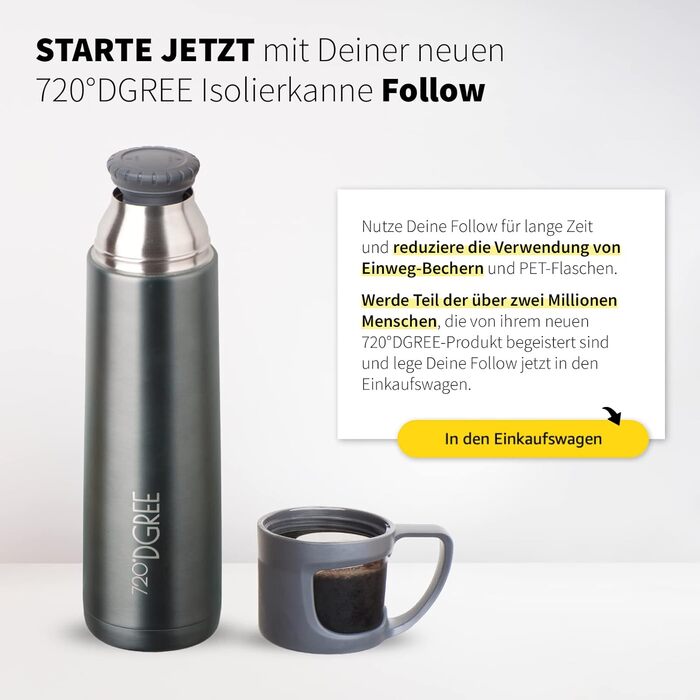 Термос 720°DGREE Follow з чашкою, 450 мл, нержавіюча сталь, BPA-free, ізольований, для кави та чаю, для дітей, школи, роботи, сіро-кам'яний