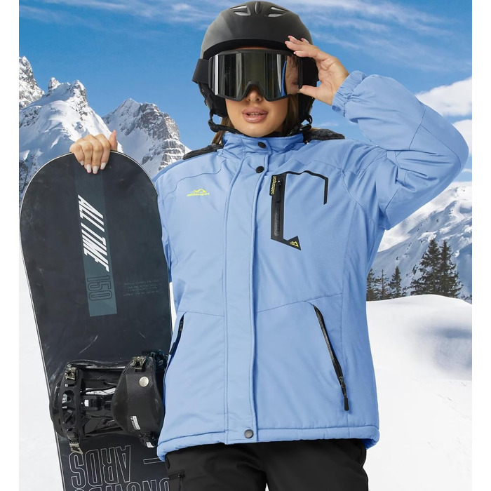 Зимова куртка KEFITEVD для жінок, тепла з підкладкою фліс, перехідна куртка, товста сноубордична куртка з капюшоном та кишенями на блискавці, вітронепроникна, світло-блакитна