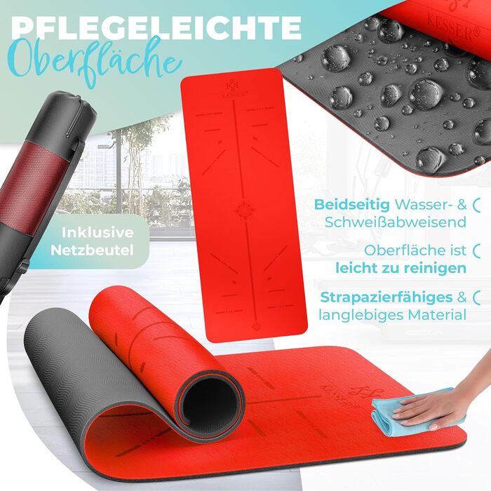 Килимок для гімнастики KESSER® з ручкою для перенесення, антиковзкий TPE, фітнес-килимок для йоги, фітнесу, пілатесу, 183 x 61 см, червоний/чорний